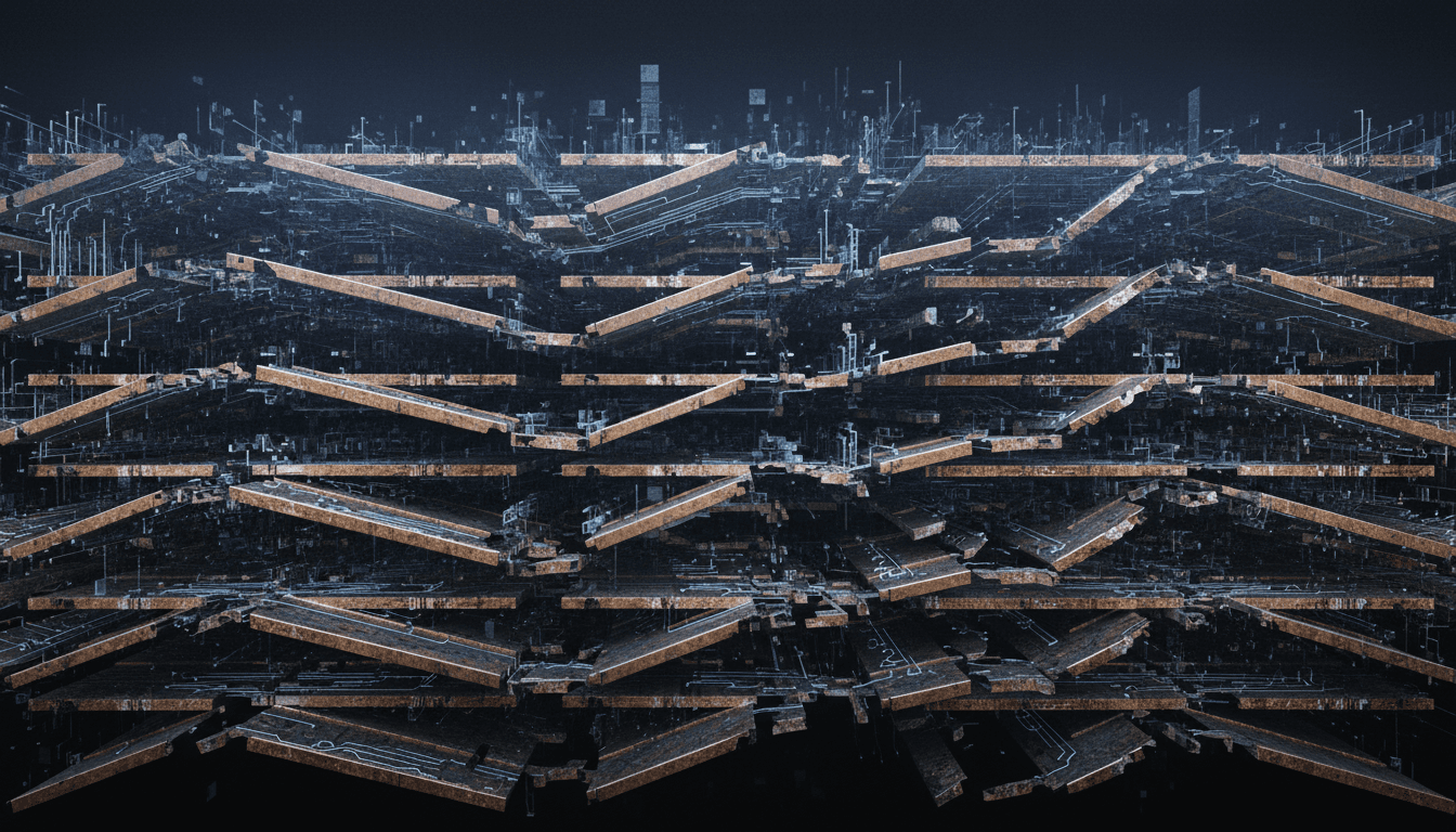 A vast architectural cross-section of layered digital infrastructure — fractured accessibility ramps and curb cuts as copper circuit pathways, broken at intervals, their fragments reassembled incorrectly in each successive layer above, signal propagating upward through cracked conduits into an increasingly distorted horizon. Copper (#D4A574) circuit pathways with steel blue (#4A6B8A) signal pulses trapped at broken junctions, cool silver (#8A9BAE) ghost traces showing where connections should have been. Etched metal textures, glitch artifacts where layers meet, atmospheric haze obscuring the uppermost strata. Composition: Landscape. Density: Moderate.