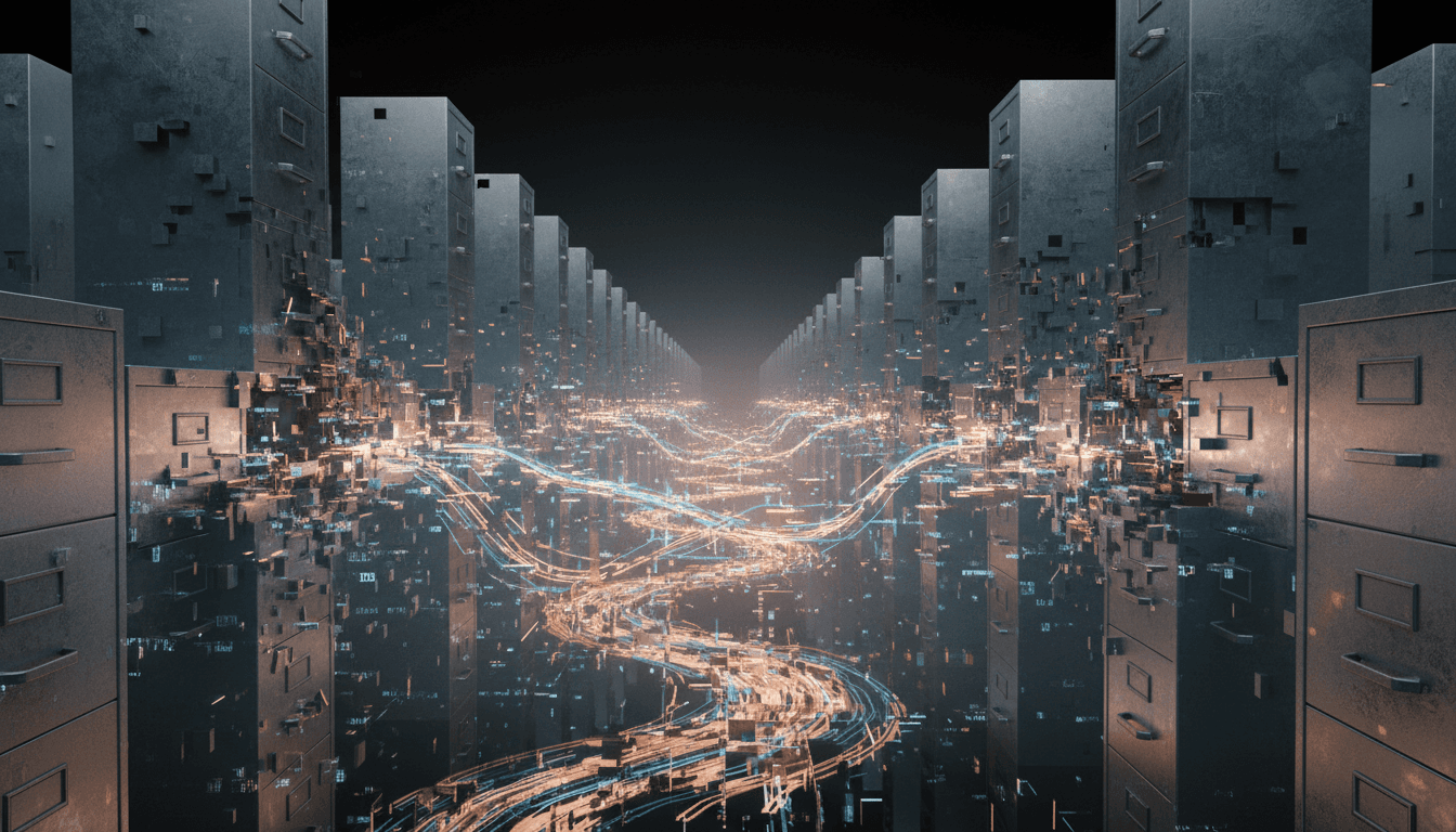 A vast architectural landscape of rigid filing cabinet columns receding toward a dark horizon, but at the center the structures fracture and dissolve into flowing copper data streams and luminous signal pulses — rigid storage giving way to living medium. Copper (#D4A574) signal traces with steel blue (#4A6B8A) data flow and cool silver (#8A9BAE) reflections on the cabinet surfaces. Etched metal textures, glitch artifacts where structure meets flow, atmospheric haze in the distance. Focal elements centered in the frame. Composition: Landscape. Density: Moderate.