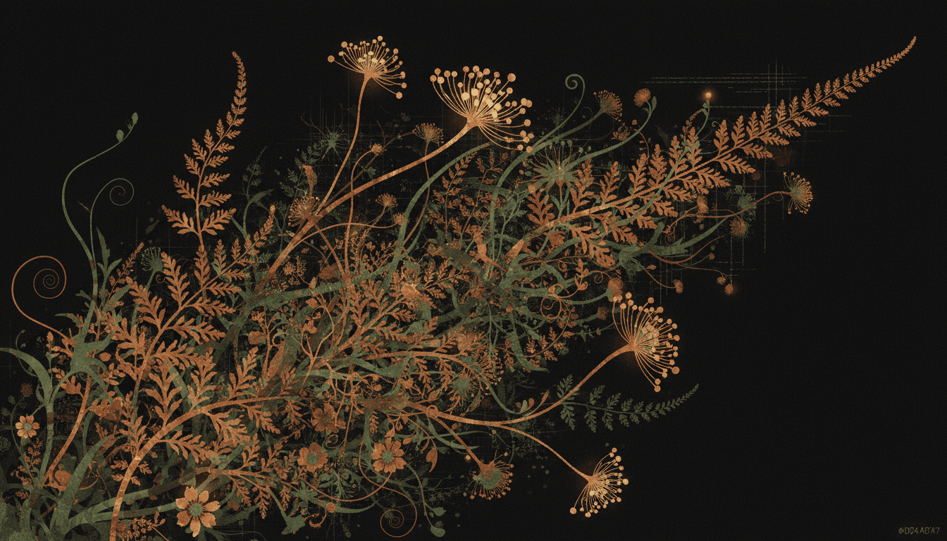 Dense generative botanical forms erupting from the bottom-left corner — algorithmic fern fronds, fractal flower heads, and spiraling phyllotactic patterns branching diagonally across the frame, each tendril splitting into finer copper and verdigris filaments with glowing spore nodes at branching points. Warm copper (#D4A574) primary structures with verdigris (#4A7A6F) and moss (#5B6B4A) secondary growth. Ink wash texture bleed at tendril tips, organic noise layered with faint grid lines suggesting the code beneath the growth. Focal elements within the central area. Composition: Growth. Density: Dense.