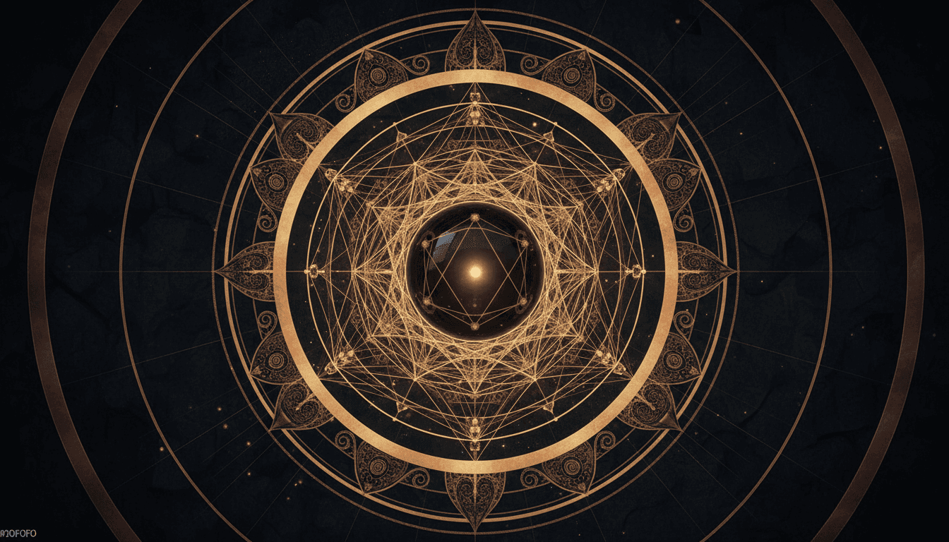 An intricate sacred geometry mandala radiating outward from a luminous obsidian circle at its center — nested Metatron's cubes, concentric rings, and fine radiating lines suggesting transmission and reception. Precise mathematical linework, particle dust suspended between geometry layers, a sense of knowledge being channeled through structure.