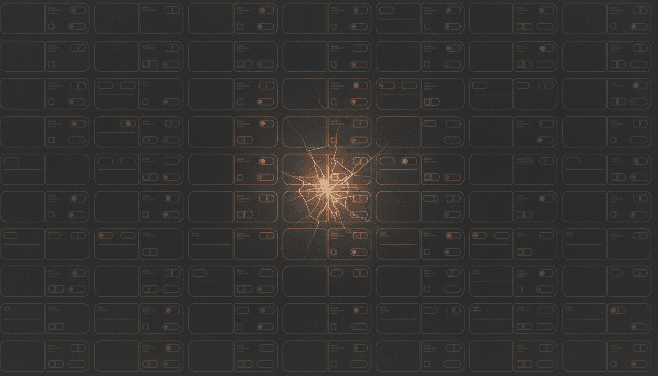 A repeating grid of nearly identical interface wireframes as architectural blueprints — each tile a slightly different arrangement of the same rounded rectangles, toggle switches, and card layouts, but all converging toward sameness. A single tile near the center shows hairline cracks where copper light bleeds through the conformity. Warm gray (#A8A29E) dominant for the uniform tiles, copper (#D4A574) emerging only through the cracks of the single divergent tile. Fog softening the grid edges, fine grain texture, subtle blueprint line quality. Focal crack centered in the frame. Composition: Grid/Tiled. Density: Moderate.