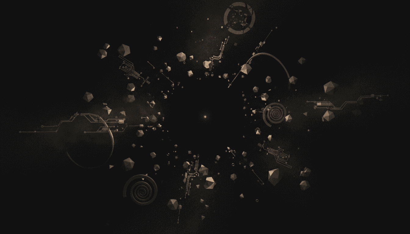 A vast dark expanse with scattered geometric fragments — fractured polyhedra, broken circuit traces, dissolving spiral forms — drifting apart from where a central form once was, leaving an absence at the center. A single warm copper point of light persists among the dispersing warm gray forms, refusing to fade. Warm gray (#A8A29E) dominant, copper (#D4A574) used only as a single luminous accent at the heart of the absence. Dust motes, subtle fog gradients, fine grain, a sense of something recently departed. Composition: Field. Density: Sparse.