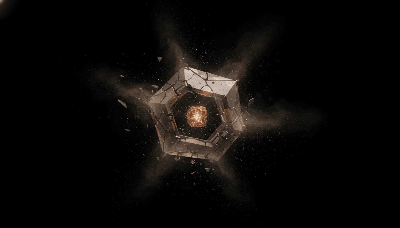 Extreme close-up of a single crystalline form mid-collapse — an elegant geometric structure that is simultaneously beautiful and disintegrating, its outer facets crumbling into dust motes while the inner core still glows with fading copper light. The crystal consumes itself from the outside in. Warm gray (#A8A29E) dominant for the dissolving outer shell, copper (#D4A574) as the fading inner glow — a single point of meaning surrounded by expanding emptiness. Dust motes, subtle fog gradients, fine grain. Focal crystal centered in vast negative space. Composition: Macro. Density: Sparse.