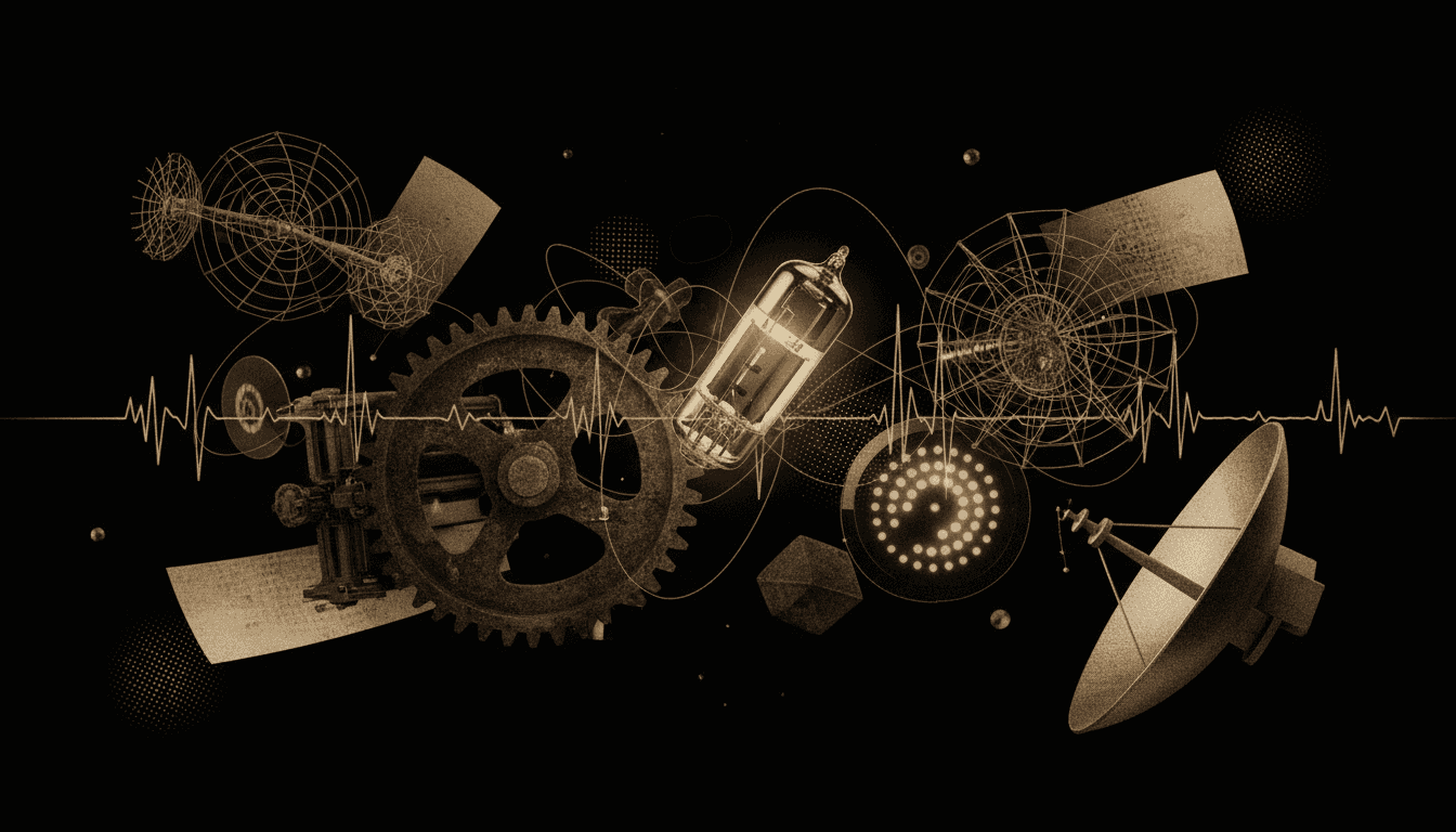 Scattered fragments of communication technology from different eras floating across the frame — a radio vacuum tube, a printing press gear, a cathode ray phosphor dot pattern, a broadcast antenna array, a satellite dish fragment — all drifting without hierarchy, connected by faint copper pulse lines suggesting the same signal repeating across decades. Copper (#D4A574) pulse connections with sepia (#8B7355) aging on the artifacts, parchment gold (#C4A265) highlights on the vacuum tube glass, ink black (#1A1A2E) deep shadows. Letterpress impression textures, halftone dot patterns between fragments, aged paper grain, mezzotint shading. Focal elements within the central region. Composition: Field. Density: Dense.