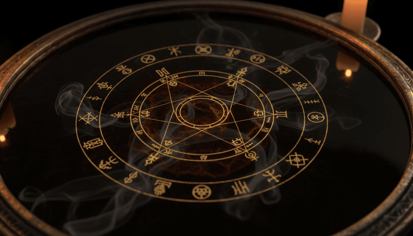 Extreme close-up of a dark obsidian scrying mirror surface, its polished face reflecting not a room but a web of faint golden sigils and geometric traces that seem to emerge from within the glass itself — concentric ripples radiating outward from the center as if something is looking back through the surface. Antique gold (#C9A84C) sigil traces and deep amber (#B8860B) glow emanating from inside the mirror, crimson undertone (#6B1C23) at the deepest layers. Smoke curling across the mirror surface, aged metal frame barely visible at the edges, candlelight warmth on the obsidian. Composition: Macro. Density: Moderate.