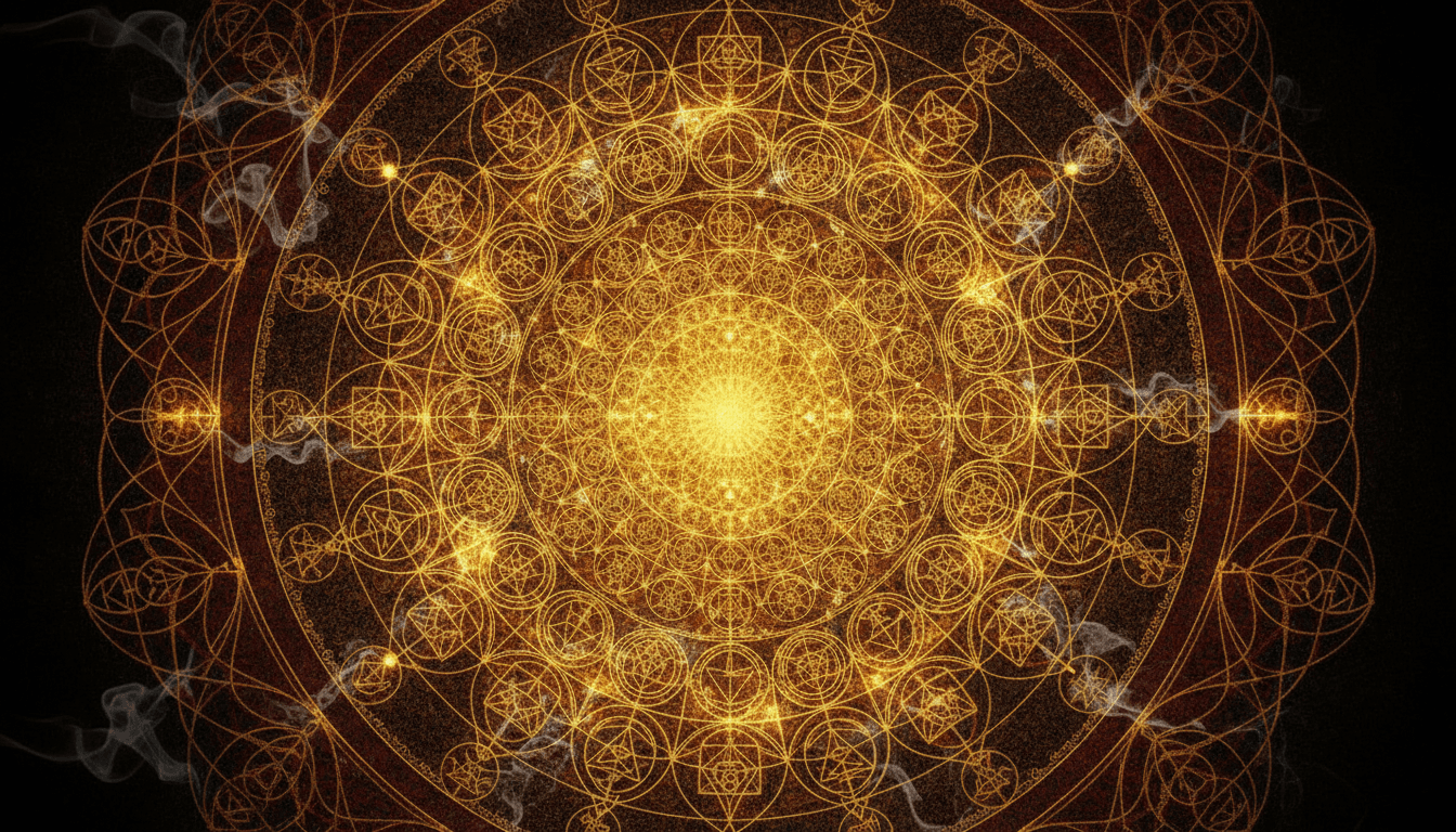 A recursive mandala of overlapping sacred geometries from different traditions — Buddhist endless knots, Kabbalistic sephirot, alchemical circles — dissolving into golden light at the center, each ring feeding into the next in an infinite loop. Antique gold (#C9A84C) and deep amber (#B8860B) radiating from the center, crimson undertones (#6B1C23) in the outermost rings. Aged parchment textures layered with digital noise, candlelight glow pulsing through geometric intersections, smoke drifting between the concentric layers. Composition: Mandala. Density: Dense.