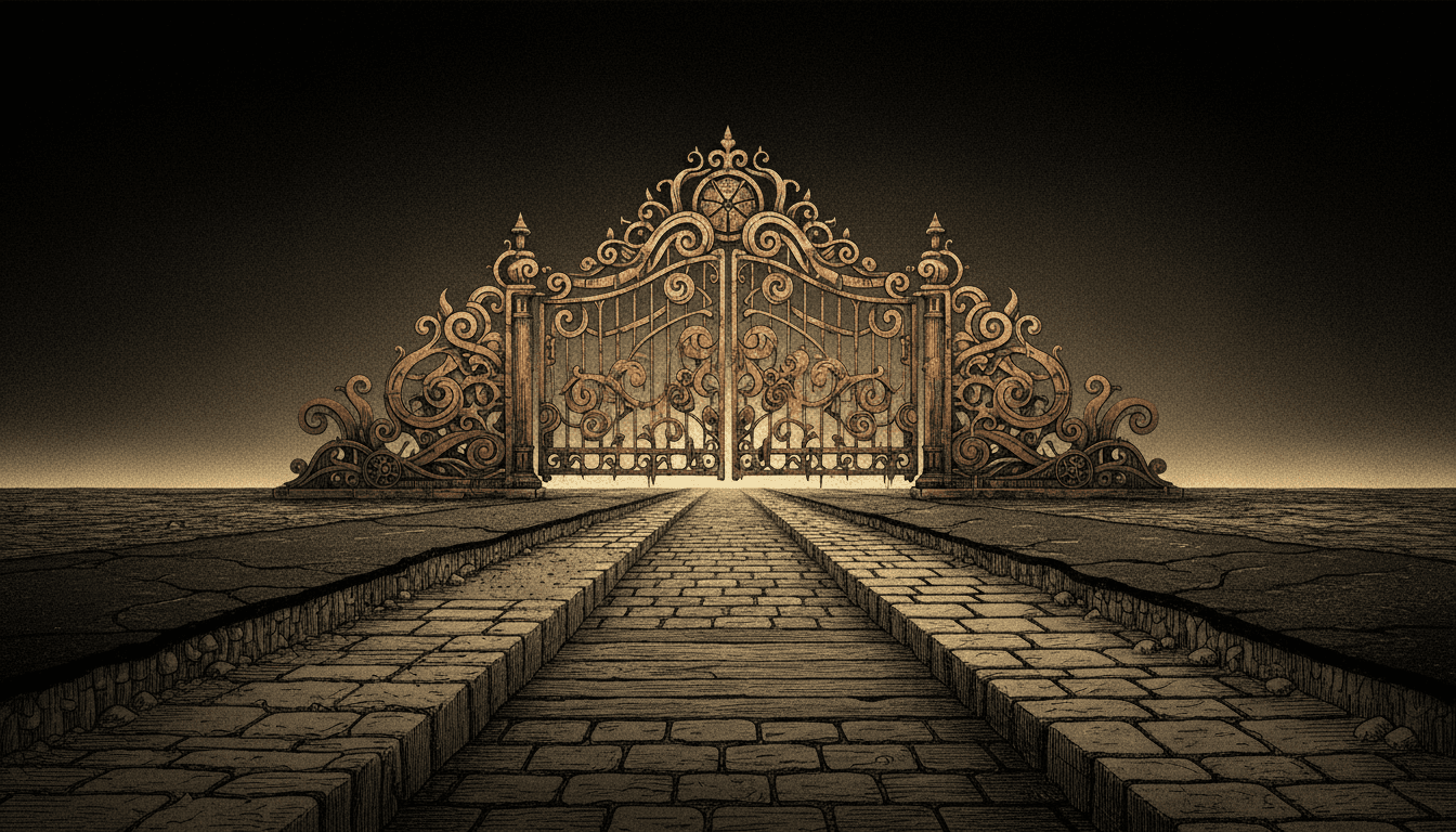 A sparse horizon landscape — a single road or rail line receding into darkness, blocked by an ornate Victorian-era barricade in sepia and copper. Behind the barricade, faint parchment-gold light suggests the future being held back. The road surface shows layered woodcut-style cross-sections of older roads beneath it — Roman stone, medieval dirt, cobblestone — history stacked underfoot. Copper (#D4A574) on the barricade with sepia (#8B7355) patina, parchment gold (#C4A265) glow beyond, ink black (#1A1A2E) road surface. Woodcut line textures, halftone atmosphere, aged paper grain in the sky. Focal barricade centered in the frame. Composition: Landscape. Density: Sparse.