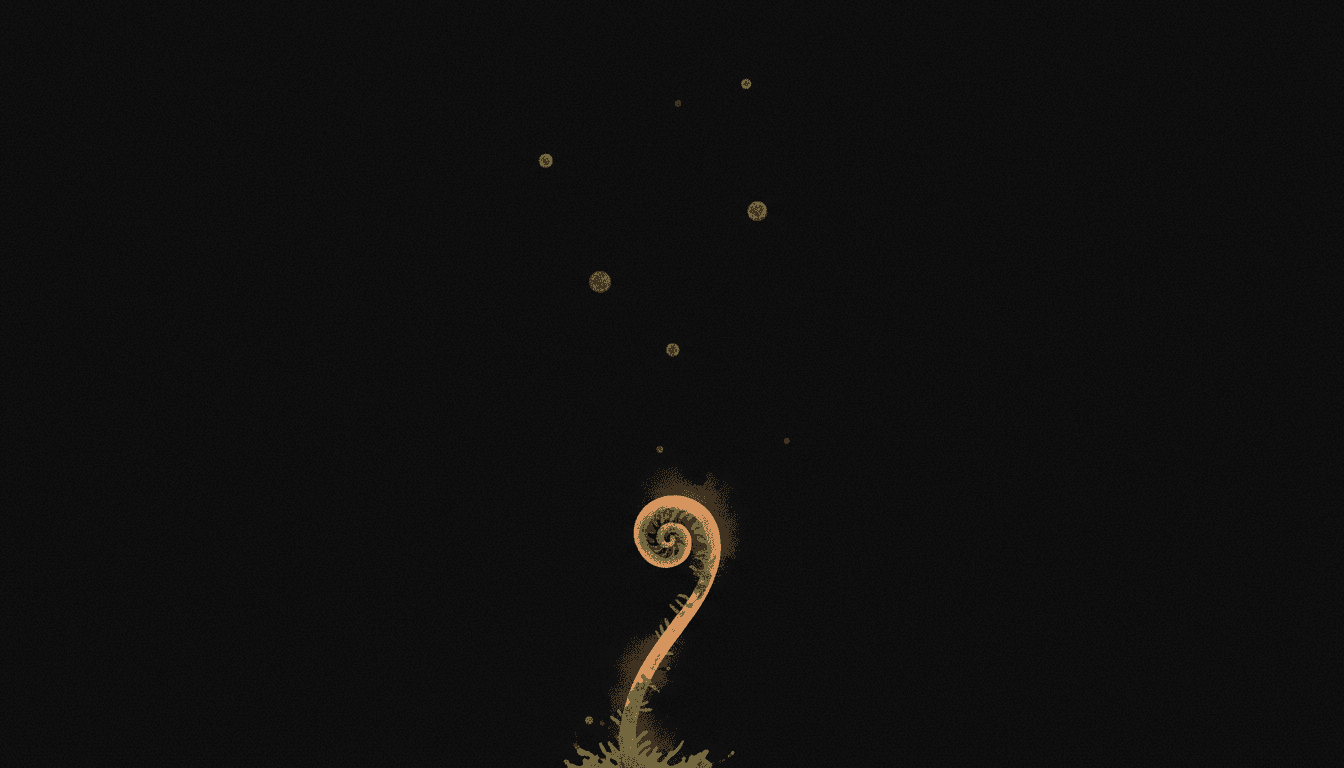 A single delicate tendril emerging slowly from the bottom edge of the frame, barely begun — the very first unfurling of a copper fern frond into vast dark emptiness. A few suspended spore-like particles drift in the space above, waiting. The tendril is patient, unhurried, just beginning to exist. Warm copper (#D4A574) on the lone tendril with verdigris (#4A7A6F) oxidation at its base, moss (#5B6B4A) spore particles. Ink wash texture bleed at the tendril tip, organic noise. Focal tendril in the lower-center of the frame with vast space above. Composition: Growth. Density: Sparse.