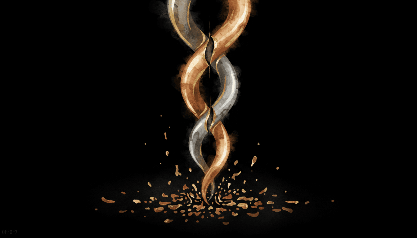 Two threads of flowing liquid metal — one copper, one silver — intertwining in mid-air, nearly merging but maintaining a hair's-width separation, their surfaces reflecting each other. Below them, a single droplet has already fallen and shattered on a dark surface into a constellation of tiny scattered fragments. Copper (#D4A574) and warm gray (#A8A29E) as the two liquid threads, antique gold (#C9A84C) reflections where they almost touch. Ink wash texture bleed at the edges of the liquid forms, organic noise in the scattered fragments. Composition: Growth. Density: Sparse.